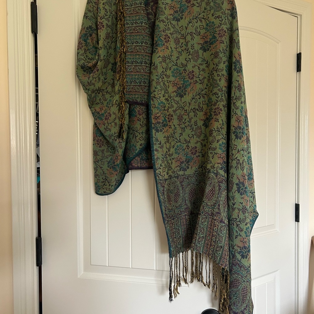 Floral Green and Blue Shawl with Fringe